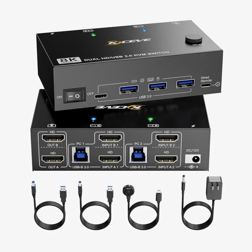 8K KVM Switch, 2 Computers, 2 Monitors